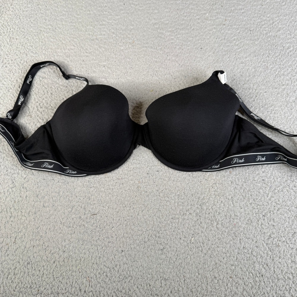 PINK Bra Womens 40D Black Wear Everywhere T-Shirt Lightly Lined Logo Straps